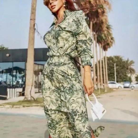 ZARA WRAP Style Green Forest Print PAREO Linen Blend Maxi DRESS SideSlit Women M - Picture 2 of 12